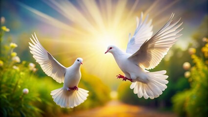 Fototapeta premium Two White Doves in Flight: Graceful Birds Soaring Through the Sky