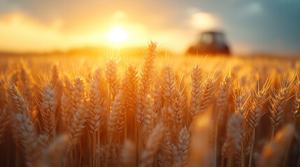 A golden wheat field at sunset, with a blurred image of a tractor in the distance symbolizing the harvest.
