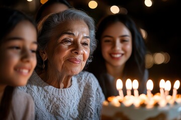 Fototapeta premium A joyful moment captured at a birthday celebration with a lovely elderly woman, surrounded by smiling family as she gazes at the lit birthday cake.