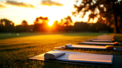 Sunset yoga session outdoor park wellness event serene environment wide angle view mindfulness and relaxation