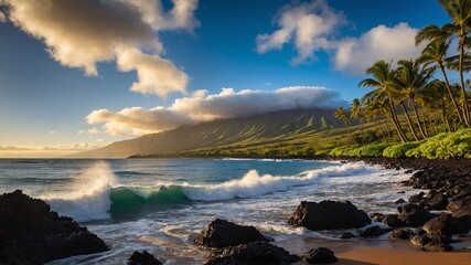 Fototapeta premium Serene view of Maui Hawaii with gentle waves crashing against the rocky shoreline and lush green mountains under a vibrant blue sky