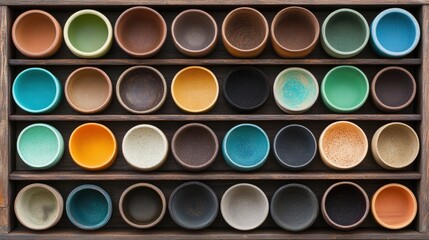 A beautifully arranged collection of ceramic bowls in various colors and textures on a wooden shelf