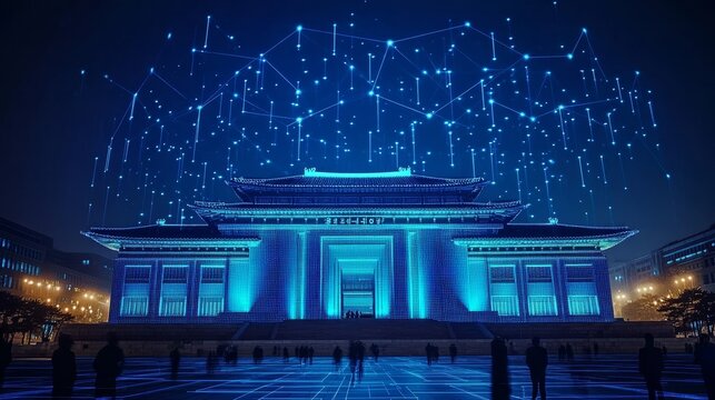 Kumsusan Palace of the Sun Illuminated in Blue with Digital Network Overlay, Pyongyang, North Korea