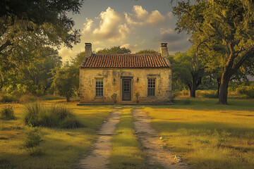 Obraz premium Rustic dirt path winding toward weathered stone cottage, golden sunlight illuminating pastoral landscape with serene countryside ambiance