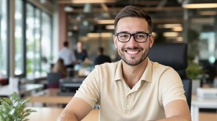 Fototapeta premium A cheerful man wearing glasses sitting in a modern office workspace, with blurred colleagues in the background, conveying a teamwork concept. Ai generative
