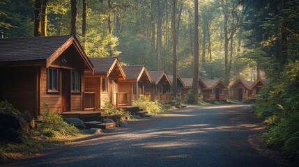 Quaint wooden cabins in forest.