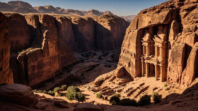 Majestic view of the ancient city of Petra in Jordan showcasing its iconic architectural marvels and breathtaking landscape during golden hour light