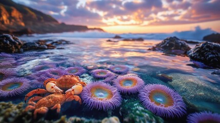 A crab near vibrant anemones.