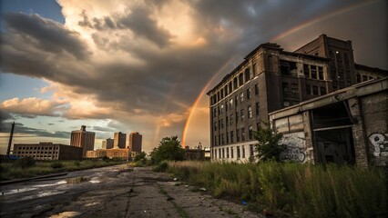 Urban Exploration: Clouds & Rainbow Over Abandoned Building