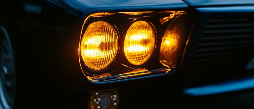 Close-up of Classic Car Headlights Glowing at Night - Amber Light, Vintage Vehicle Detail - Powered by Adobe