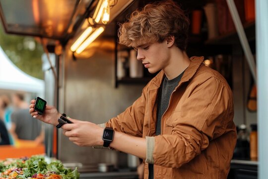 teenager using a smartwatch to make a contactless payment - Powered by Adobe