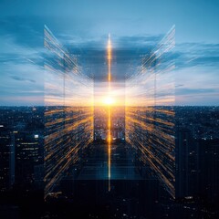 Fototapeta premium A futuristic cityscape showcasing a glowing portal amidst skyscrapers at sunset, representing innovation and technology.