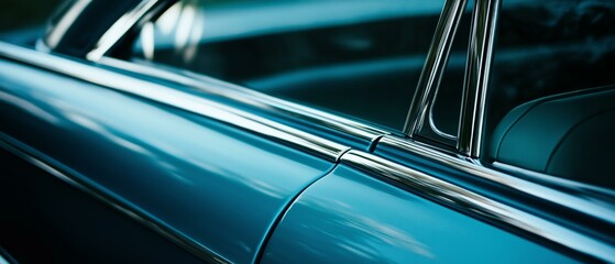 Close-up of Classic Teal Car Detail: Chrome Trim and Deep Blue Paint. Vintage Automobile Photography for Automotive, Luxury, and Retro Design Projects.