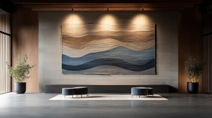 Modern minimalist interior design with textured wall art and elegant furniture in a spacious setting