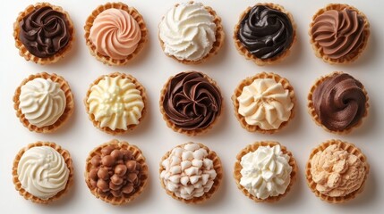Assorted mini cream tarts in various flavors and colors arranged on white background.