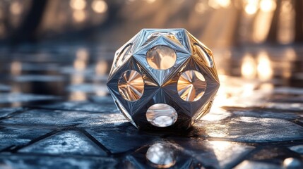A silver dodecahedron on a reflective surface.