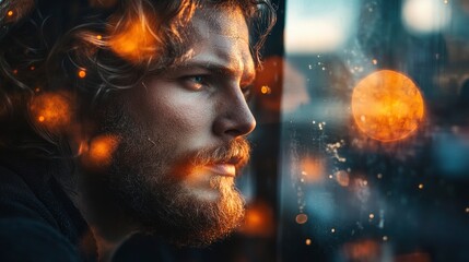 Contemplative young man gazing thoughtfully through rain-speckled window with warm bokeh lights reflecting on glass