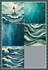 A set of six coordinating decoupage papers inspired by a ligtht house, using greens, blues and whites