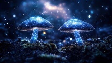 Enchanting cosmic mushrooms illuminated by a starry night sky, surrounded by ethereal glows and sparkling particles