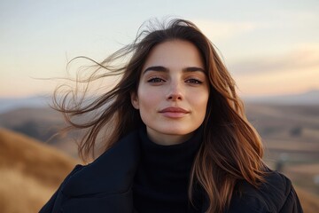 Fototapeta premium A charming woman with soft features stands in a scenic view, reflecting tranquility and confidence, with natural elements creating a harmonious backdrop that evokes serene feelings.