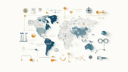 Artistic world map poster featuring detailed geographical elements, navigation tools, and vintage design motifs in a stylish layout.