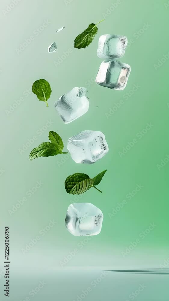 Poster ice cubes and mint leaves are levitating on a pastel green background, creating a refreshing and coo