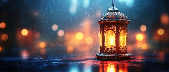Glowing lantern in rain with bokeh lights creating a warm and moody atmosphere at night