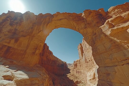 Natural sandstone arch under bright sun in desert landscape with clear blue sky above - Powered by Adobe