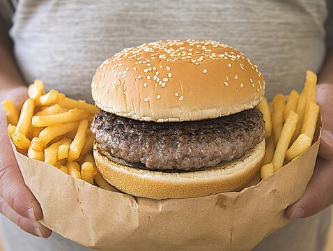 Close up of a delicious burger and fries held in a paper container ready to eat - Powered by Adobe