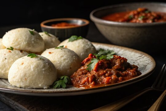 Venezuelan Bollos Pelones: Night Photography of savory white corn flour balls stuffed with seasoned ground beef and rich tomato sauce.