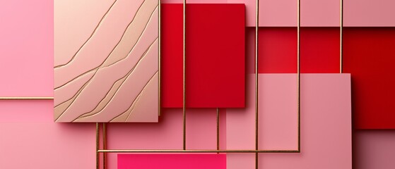 Abstract Geometric Background: Pink, Red & Gold 3D Render - Modern Design Texture