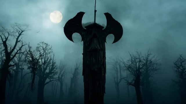 Eerie siren statue rotating in a spooky forest at night