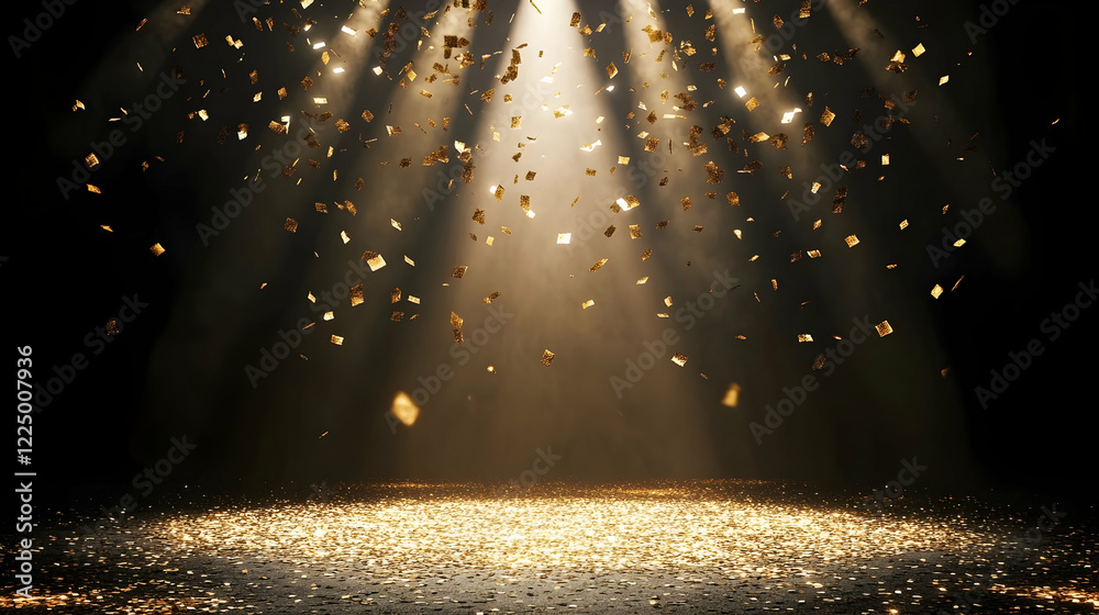 Wall mural Gold confetti falling on a stage illuminated by a spotlight, with a dark background and empty space for event or product presentations.  -