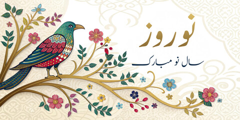 Colorful Bird and Vibrant Flowers Celebrating Happy Iranian Persian New Year: Nowruz Festive Banner Design Symbolizing Joy, Renewal, and Springtime
