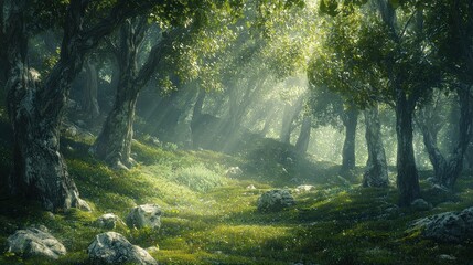 Obraz premium Sunbeams filtering through a lush, mossy forest.