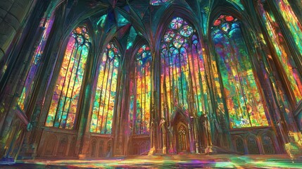 Vibrant stained glass cathedral interior.