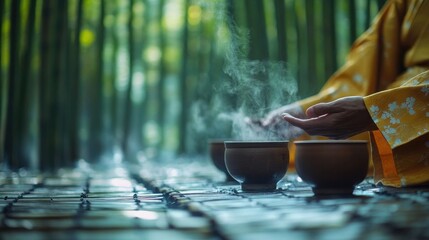 Tranquil Zen tea ceremony in bamboo.
