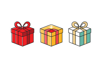 Present Box Icon Set: Gift boxes in various styles—tied, open, or sparkling—ideal for festive occasions, weddings, birthdays, and achievements. Vector artwork.