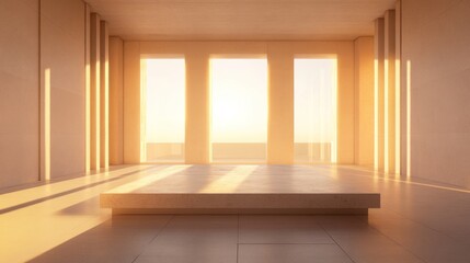 Obraz premium Minimalist interior space with an empty platform and three large windows letting in light