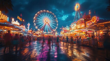 A vibrant carnival scene with rides.