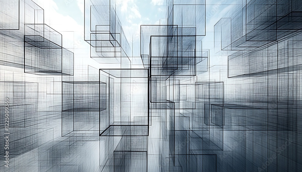 Fototapete interconnected wireframe cubes in abstract 3d art on white background.