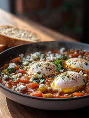 Shakshuka with eggs and feta in a skillet.