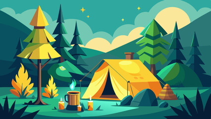 Empty forest touristic camp with tent and bonfire vector flat illustration. Equipment for adventure tourism and active lifestyle. Campsite or halt during travel, bus craft or backpacking 