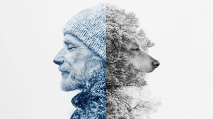 A creative portrait merging the profile of an elderly man with a serene dog, combining nature and companionship in a thoughtful composition.