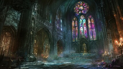 Dark gothic cathedral interior with stained glass.