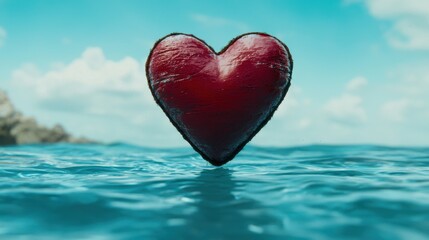 Fototapeta premium Red Heart Shape Floating on Calm Ocean Water a Summer Day