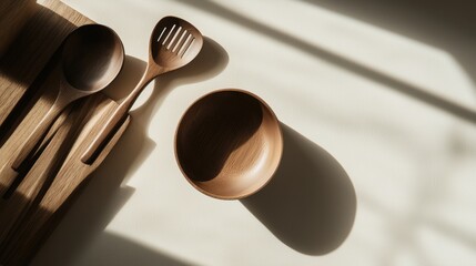A wooden spoon, spatula, and bowl are arranged on a wooden cutting board