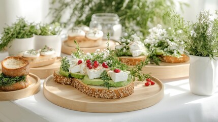 Delicious and nutritious brunch spread with fresh herbs and gourmet toppings on wooden serving platters