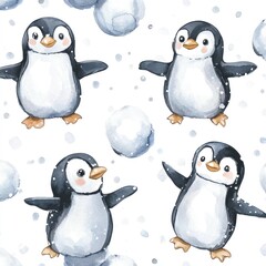 Naklejka premium Playful Penguins Snowball Fight Winter Fun Pattern
