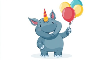A whimsical cartoon rhino with a unicorn horn holds a bunch of balloons ready for a party